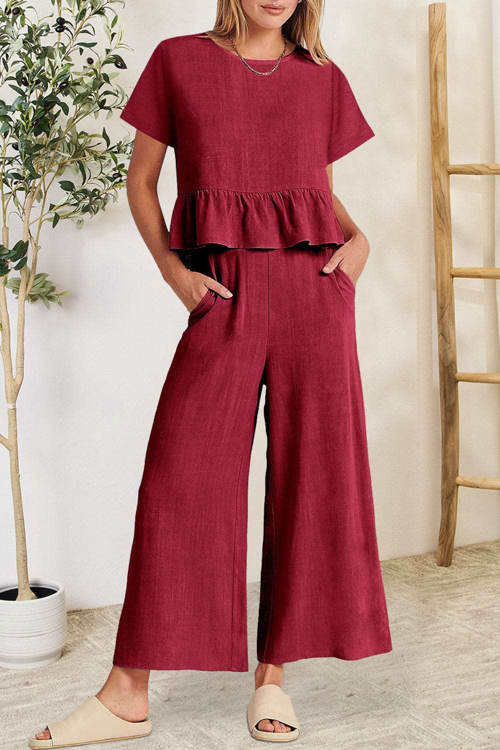 Peplum Round Neck Short Sleeve Top and Pants Set - Trendsi - Flyclothing LLC