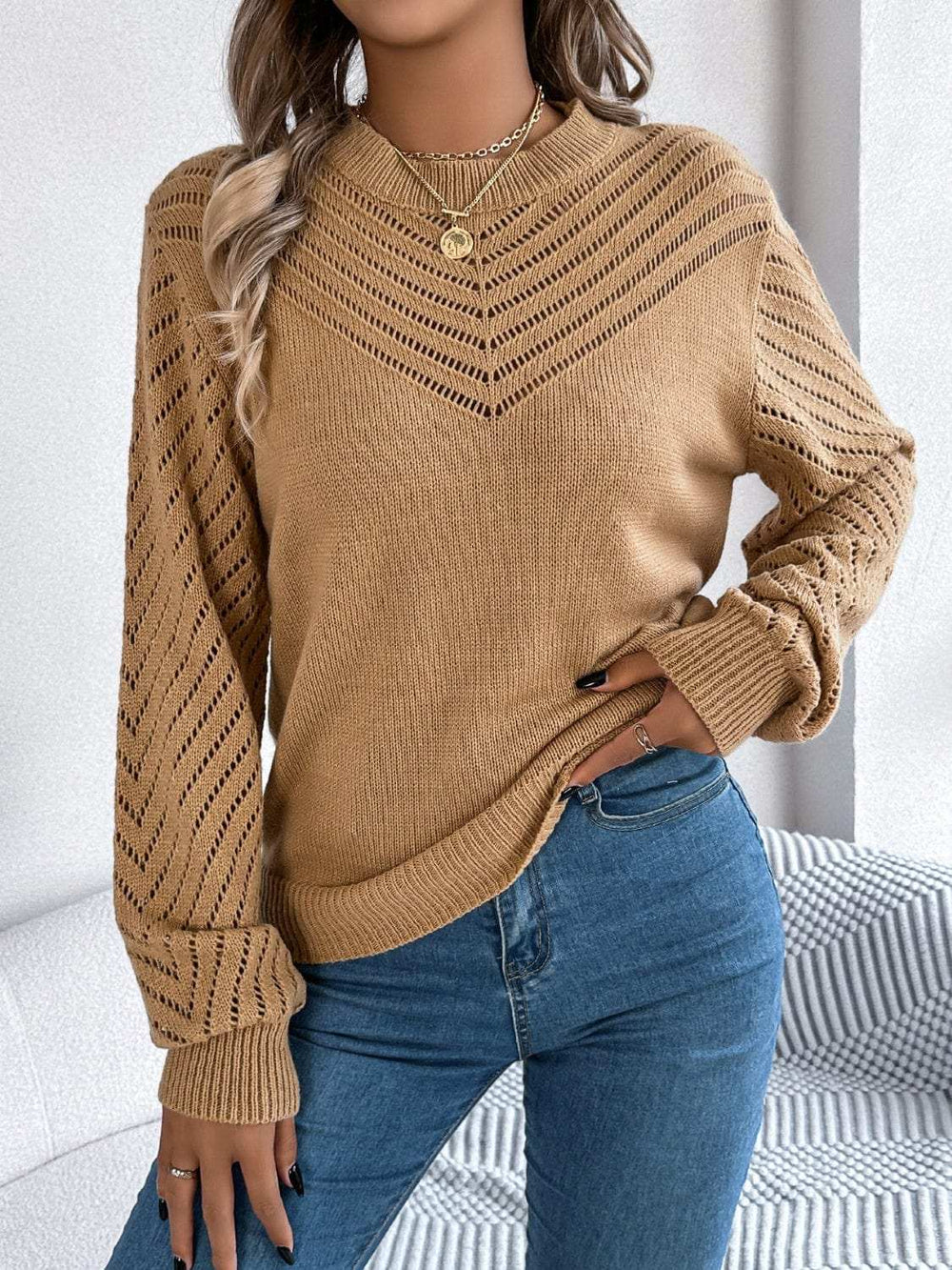 Openwork Round Neck Long Sleeve Knit Top - Trendsi - Flyclothing LLC