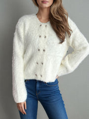 Heart Button Round Neck Cardigan - Trendsi