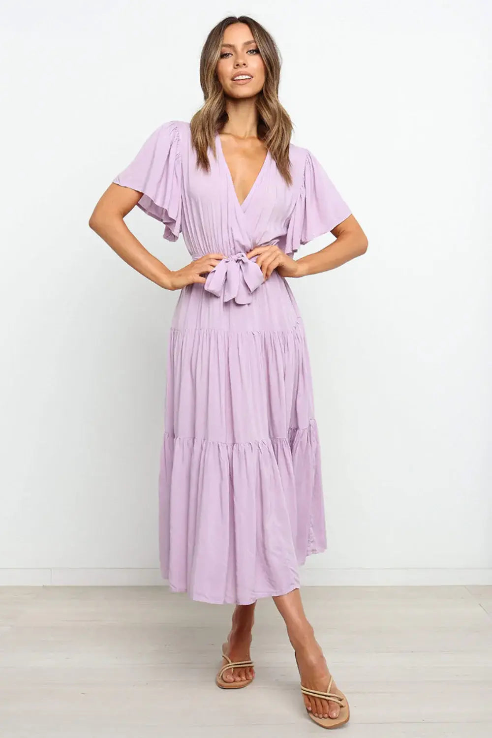 Tied Back Tiered Short Sleeve Midi Dress - Trendsi - Flyclothing LLC