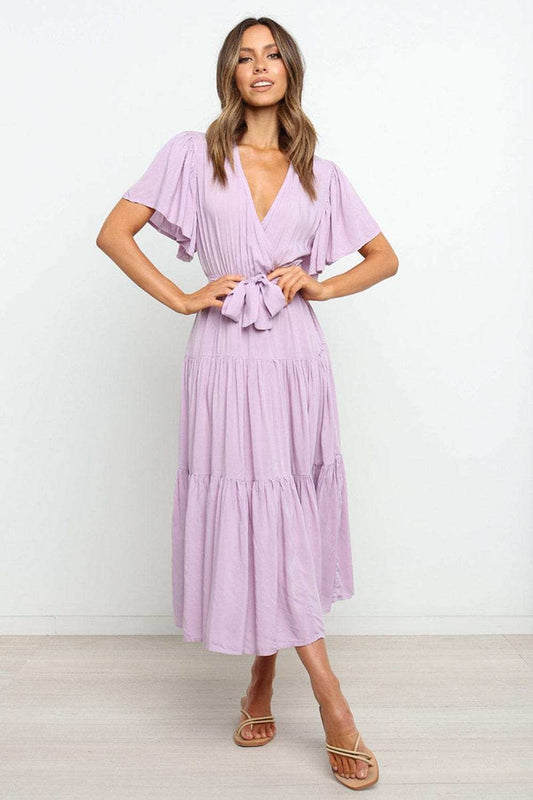 Tied Back Tiered Short Sleeve Midi Dress - Trendsi - Flyclothing LLC