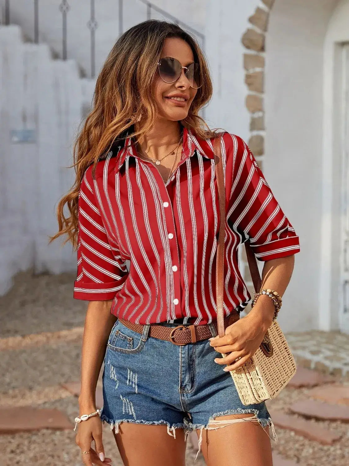Striped Collared Neck Half Sleeve Shirt - Trendsi - Flyclothing LLC