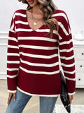 Striped V-Neck Long Sleeve Knit Top - Trendsi - Flyclothing LLC