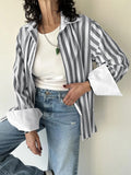 Striped Collared Neck Long Sleeve Shirt - Trendsi