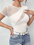 Mesh Patchwork Round Neck Short Sleeve Top - Trendsi - Flyclothing LLC