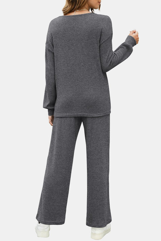 Round Neck Long Sleeve Top and Pants Set - Trendsi