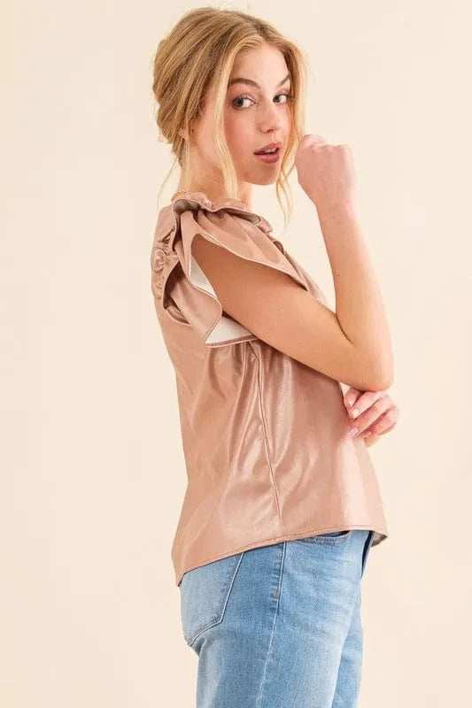 And The Why Faux Leather Ruffle Sleeves V Neck Top - Trendsi - Flyclothing LLC