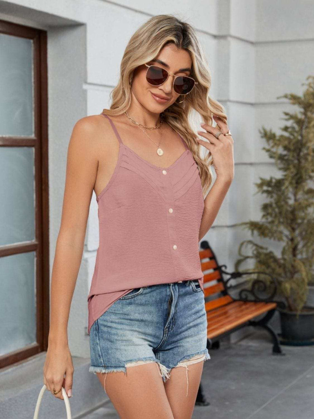 Decorative Button V-Neck Cami - Trendsi - Flyclothing LLC