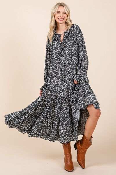 Mittoshop Printed Tie Neck Flounce Sleeve Midi Dress - Trendsi - Flyclothing LLC