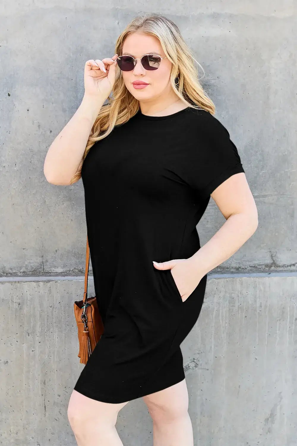 Basic Bae Bamboo Full Size Round Neck Short Sleeve Dress with Pockets - Trendsi - Flyclothing LLC