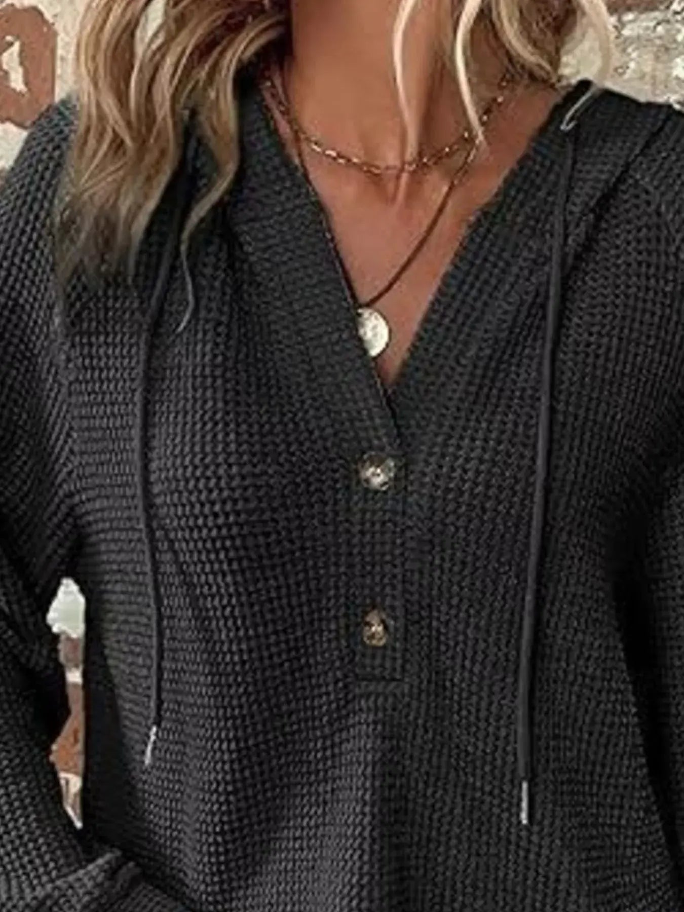 Full Size Button Detail Waffle Knit Hoodie Plus Size - Trendsi - Flyclothing LLC