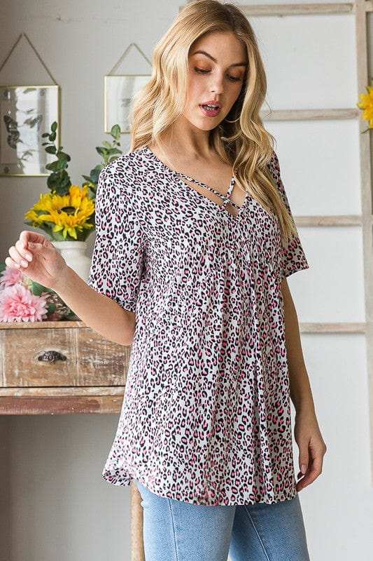 Heimish Full Size Short Sleeve Crisscross Animal Babydoll Top Plus Size - Trendsi - Flyclothing LLC