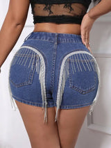 Fringe Back Denim Shorts with Pockets - Trendsi - Flyclothing LLC
