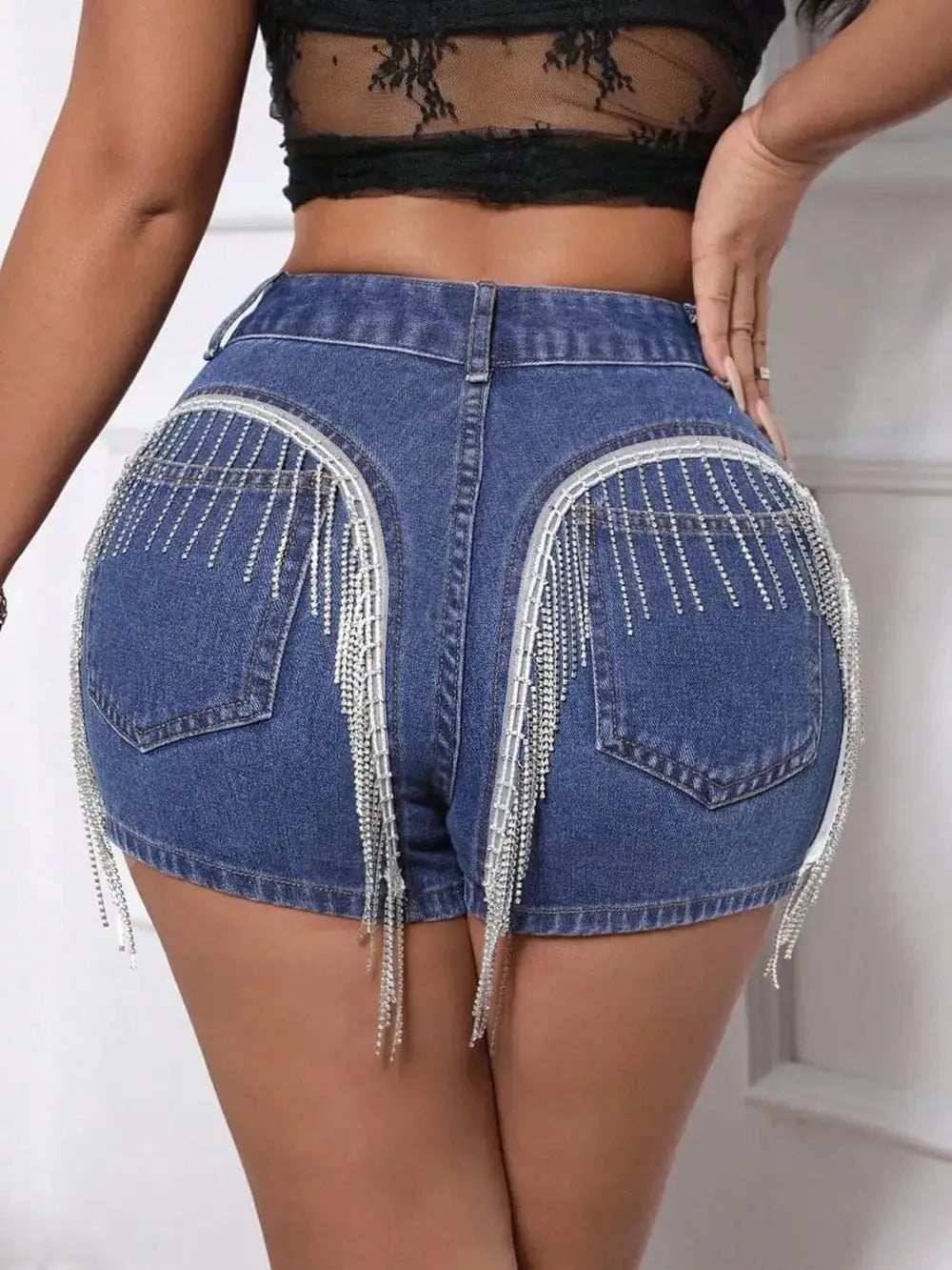 Fringe Back Denim Shorts with Pockets - Trendsi - Flyclothing LLC