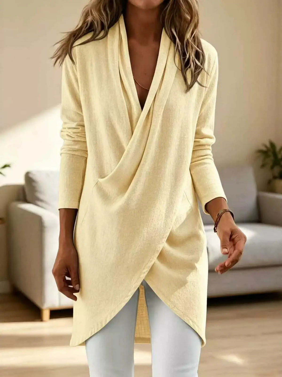 Full Size Wrap-Front Long Sleeve Blouse Plus Size - Trendsi - Flyclothing LLC