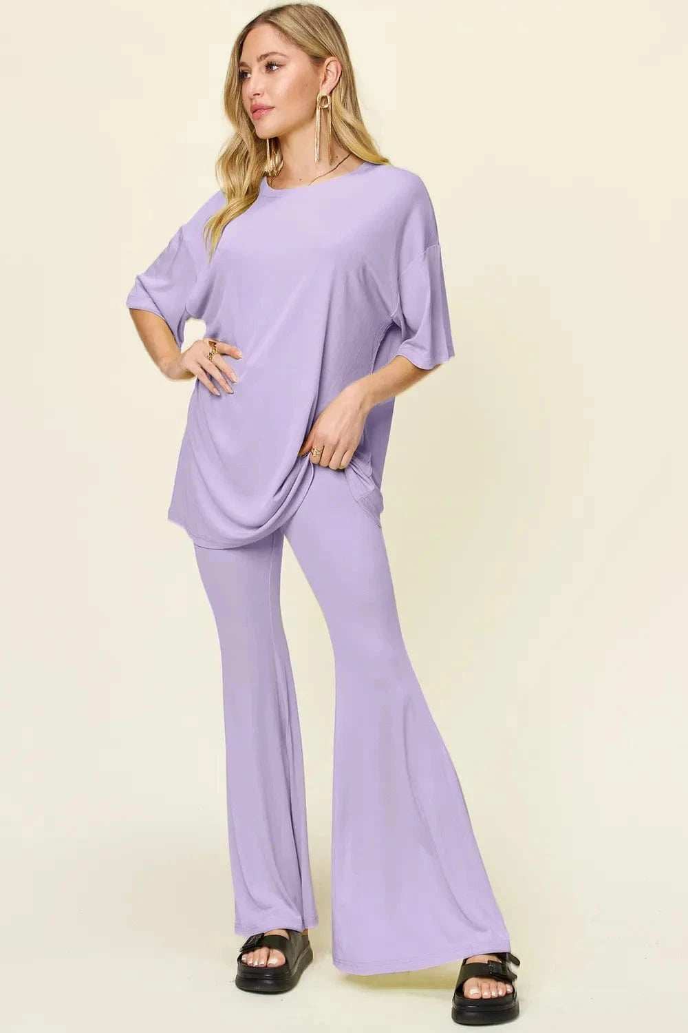 Double Take Full Size Round Neck Drop Shoulder T-Shirt and Flare Pants Set - Trendsi - Flyclothing LLC