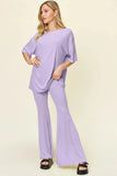 Double Take Full Size Round Neck Drop Shoulder T-Shirt and Flare Pants Set - Trendsi