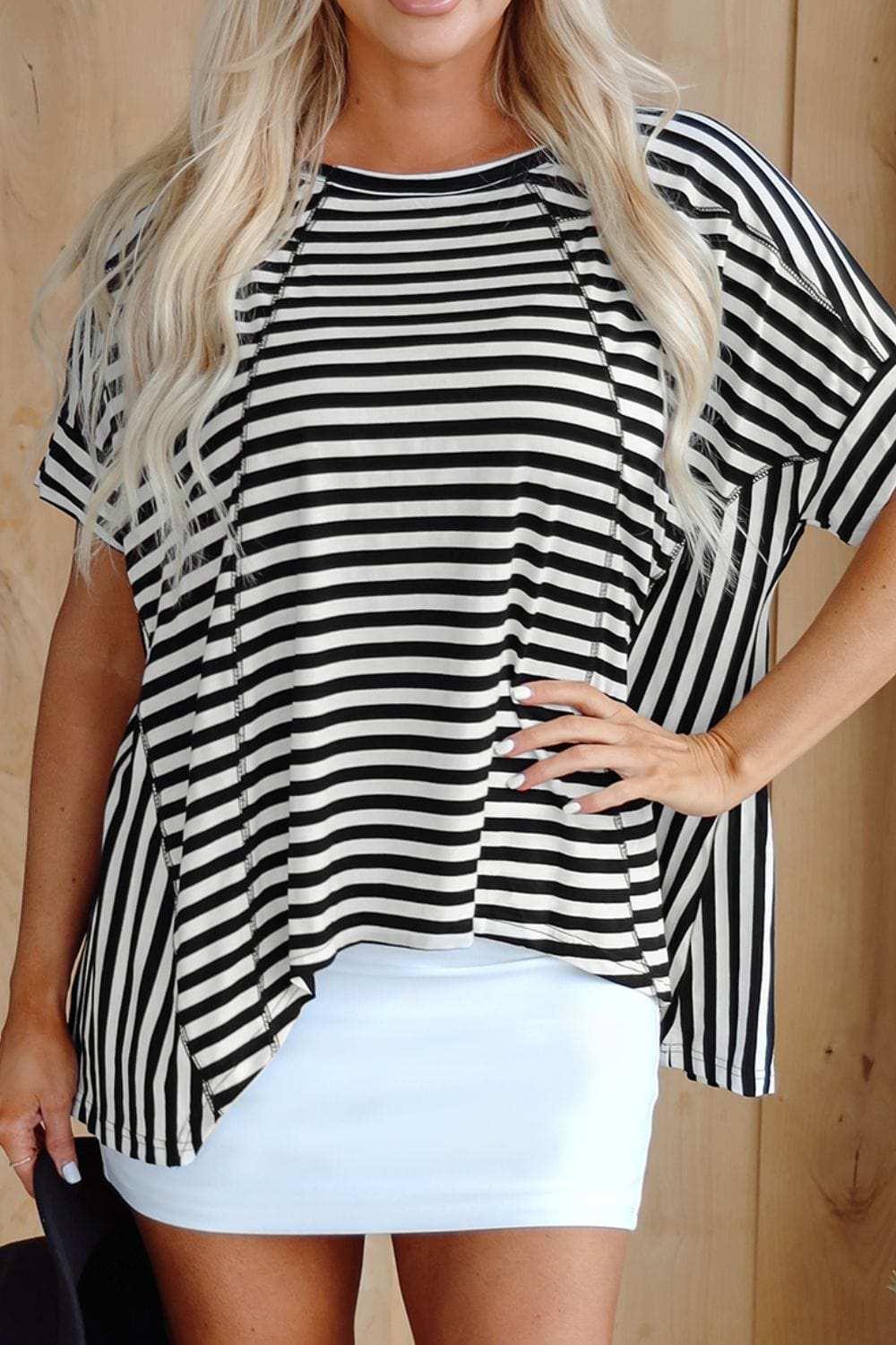 Stripe Batwing Sleeve Round Neck Oversized Top - Trendsi - Flyclothing LLC