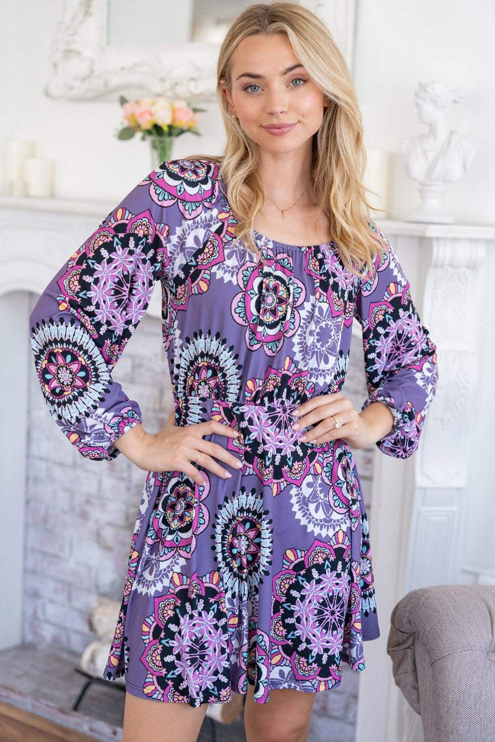 White Birch Printed Long Sleeve Mini Dress with Short Liner - Trendsi - Flyclothing LLC