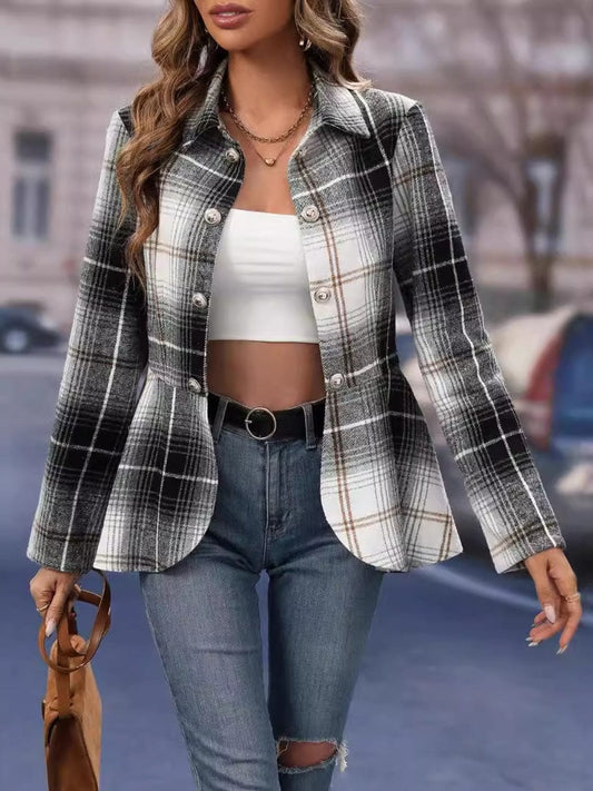 Plaid Button Up Long Sleeve Jacket - Trendsi