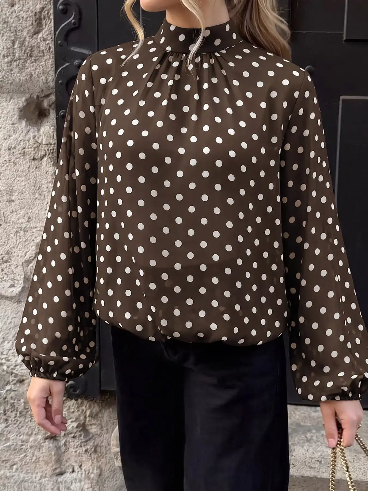 Polka Dot Mock Neck Long Sleeve Blouse - Trendsi - Flyclothing LLC