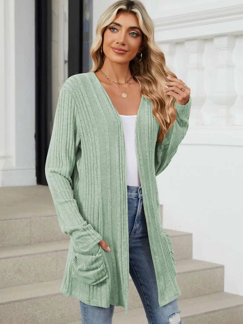 Pocketed Open Front Long Sleeve Cardigan - Trendsi - Flyclothing LLC