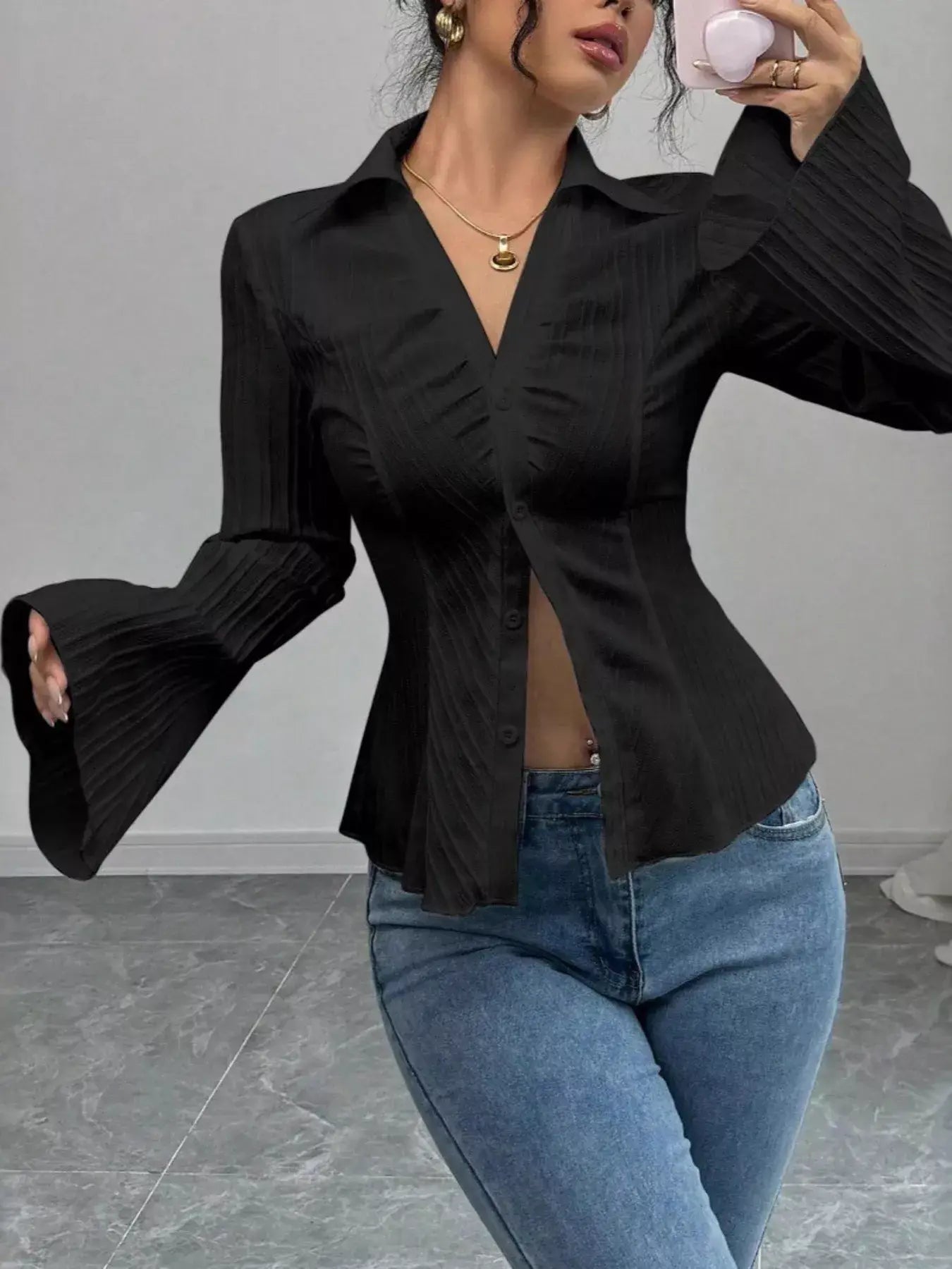 Flare Sleeve Button Up Shirt - Trendsi - Flyclothing LLC