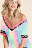 BiBi Rainbow Tie-Dye Leopard Trim V-Neck T-Shirt - Trendsi - Flyclothing LLC