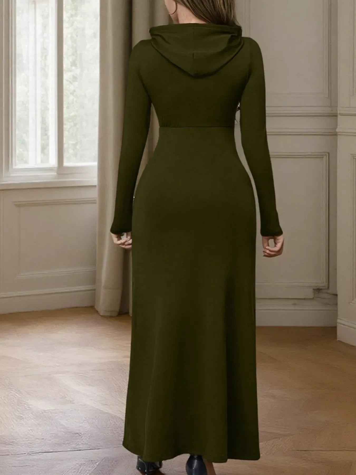 Drawstring Long Sleeve Hooded Maxi Dress - Trendsi - Flyclothing LLC