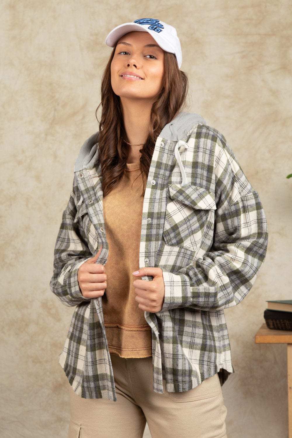 Drawstring Plaid Long Sleeve Hooded Jacket - Trendsi - Flyclothing LLC