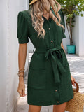 Perfee Tie Waist Button Down Short Sleeve Mini Dress - Trendsi