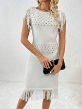 Fringe Openwork Boat Neck Knit Dress - Trendsi - Flyclothing LLC