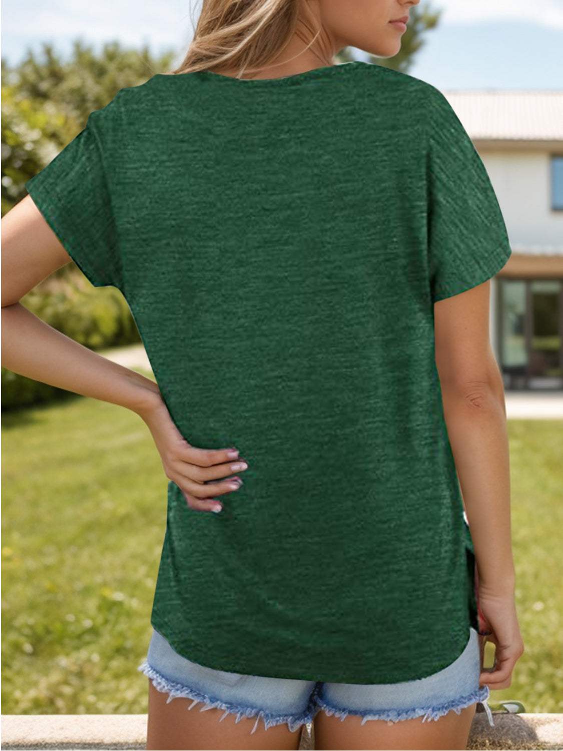 Pocketed Heathered V-Neck Short Sleeve T-Shirt - Trendsi - Flyclothing LLC