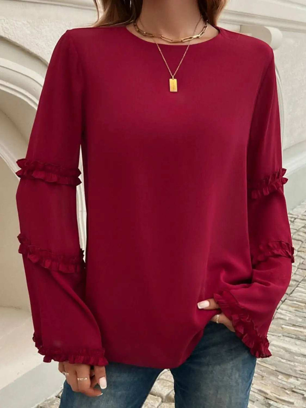 Devine Frill Round Neck Long Sleeve Top - Trendsi - Flyclothing LLC