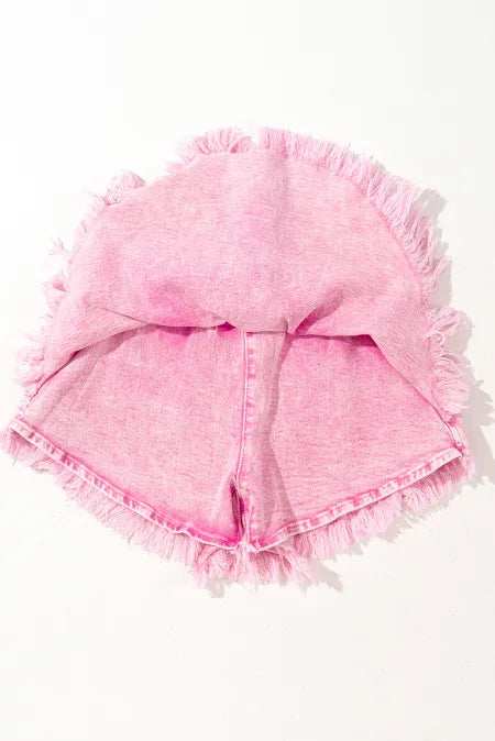 Washed Wide Smocked Waistband Frayed Denim Shorts - Trendsi - Flyclothing LLC