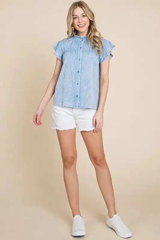 Lime 'N' Chili Mineral Wash Flutter Sleeve Button Down Shirt - Trendsi - Flyclothing LLC