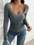 Devine Lace Detail Square Neck Long Sleeve T-Shirt - Trendsi - Flyclothing LLC