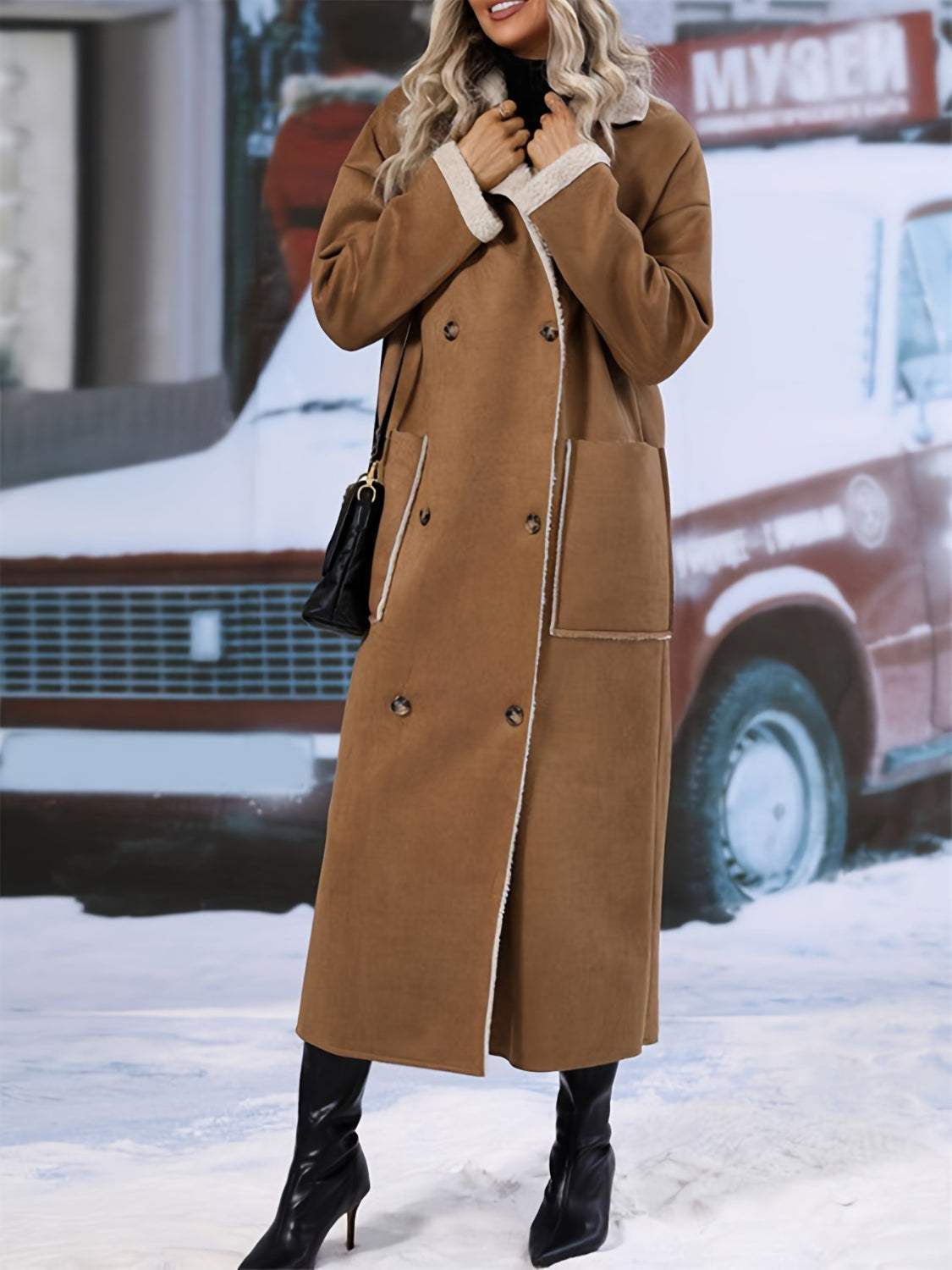 Plus Size Drop Shoulder Sherpa Longline Coat - Trendsi - Flyclothing LLC