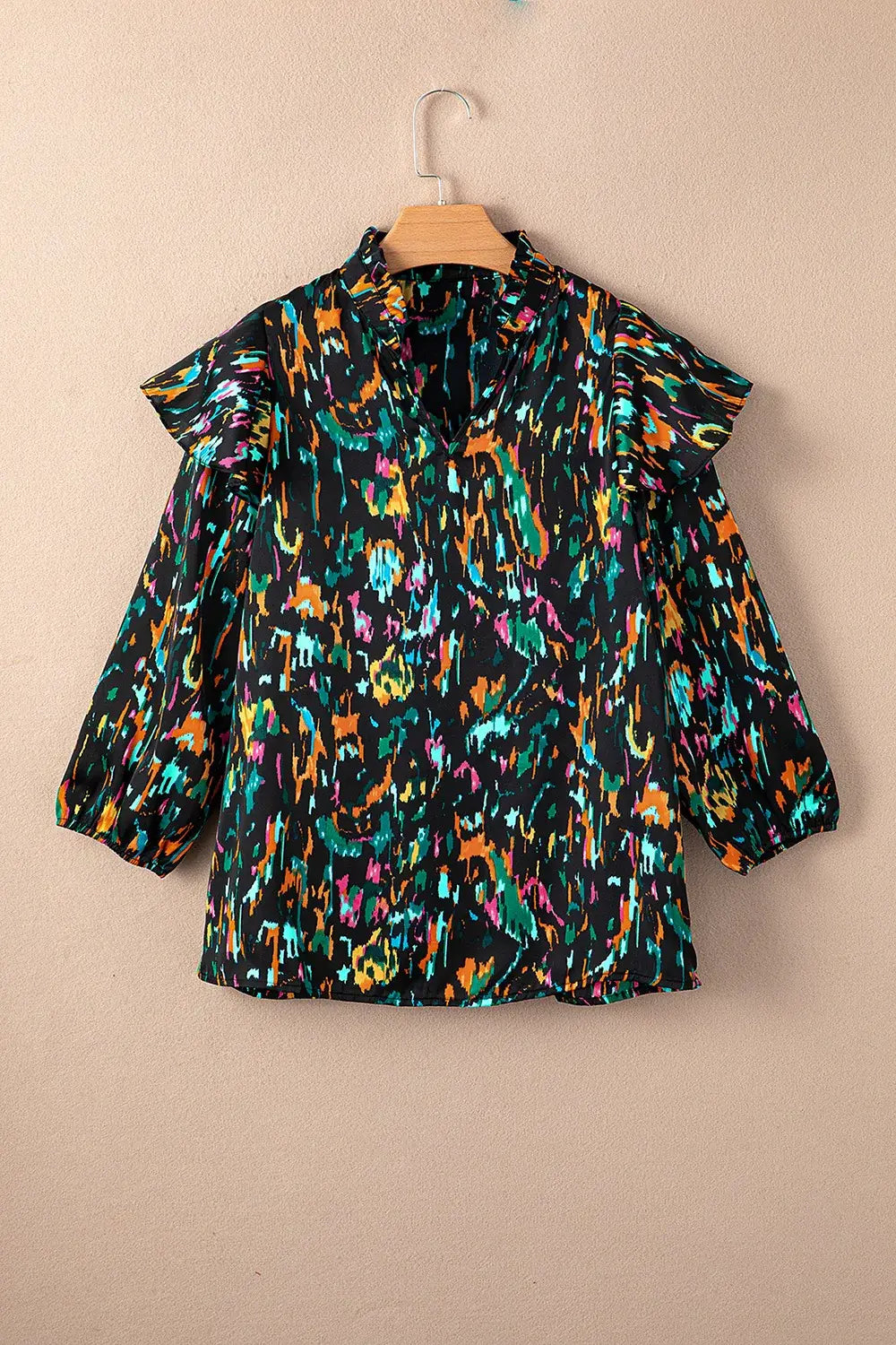 Abstract Print 3/4 Sleeve Ruffle Blouse - Trendsi - Flyclothing LLC