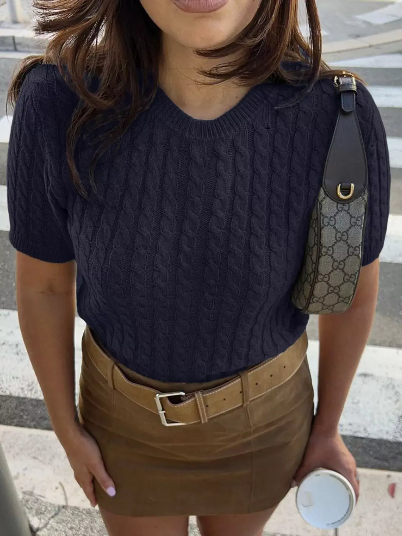 Cable-Knit Short Sleeve Sweater - Trendsi - Flyclothing LLC