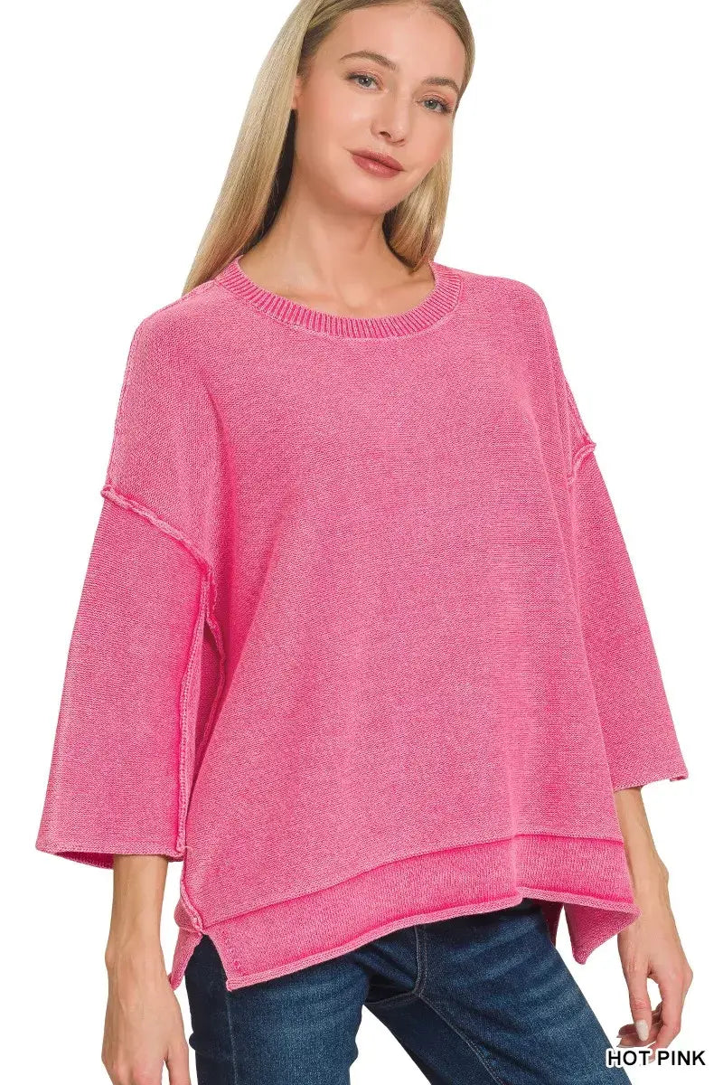 Zenana Washed 3/4 Sleeve Boxy Sweater - Trendsi - Flyclothing LLC