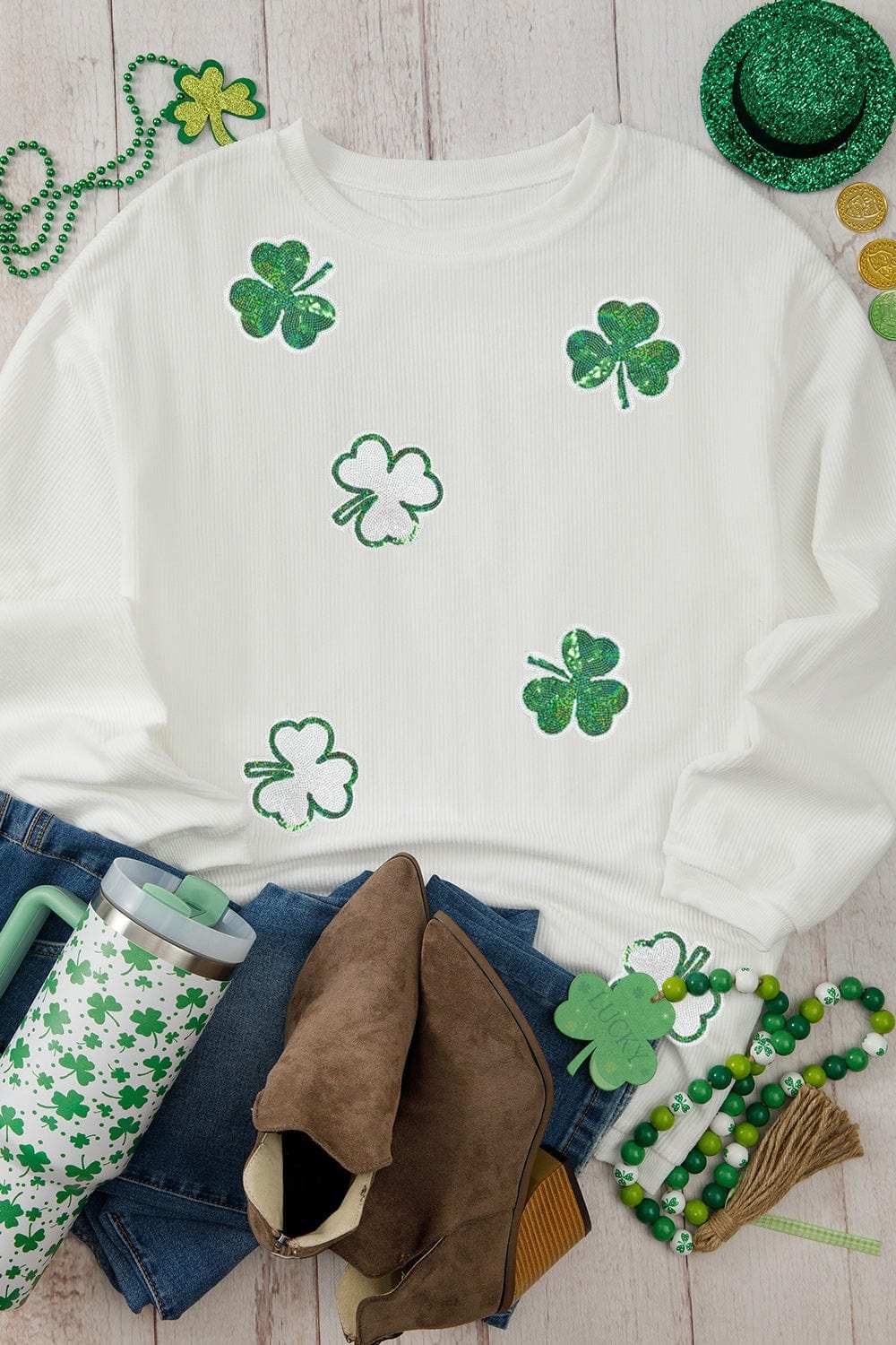 Sequin Lucky Clover Round Neck Long Sleeve Sweatshirt - Trendsi - Flyclothing LLC