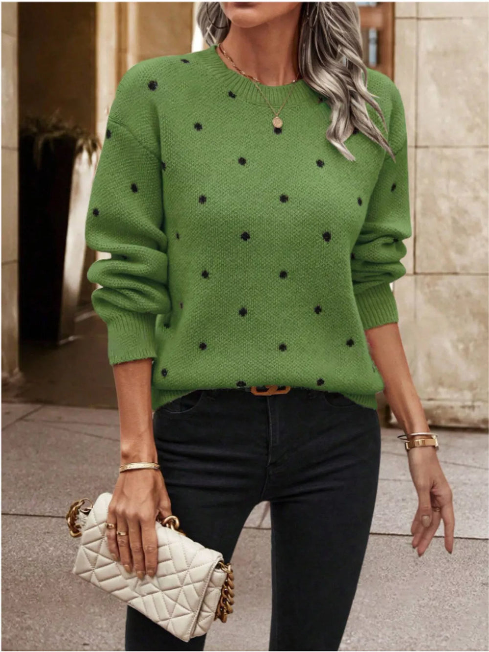 Polka Dot Long Sleeve Sweater - Trendsi - Flyclothing LLC