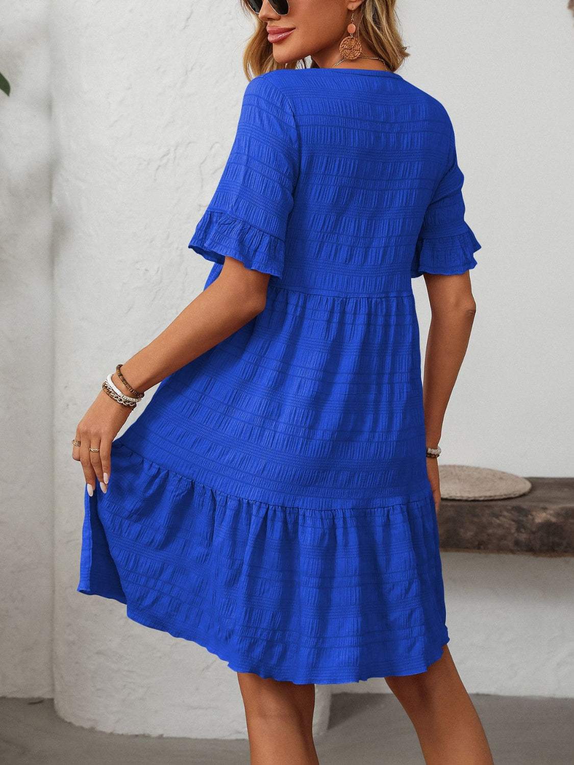 Mandy Ruffled Ruched Round Neck Half Sleeve Dress - Trendsi - Flyclothing LLC