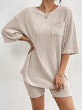 Ribbed Round Neck Top and Shorts Set - Trendsi