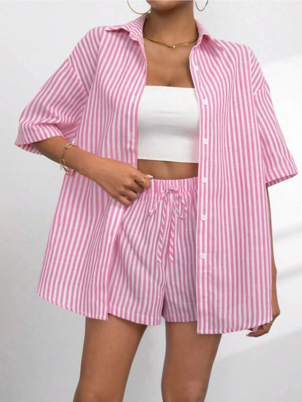 Striped Button Up Shirt and Shorts Set - Trendsi