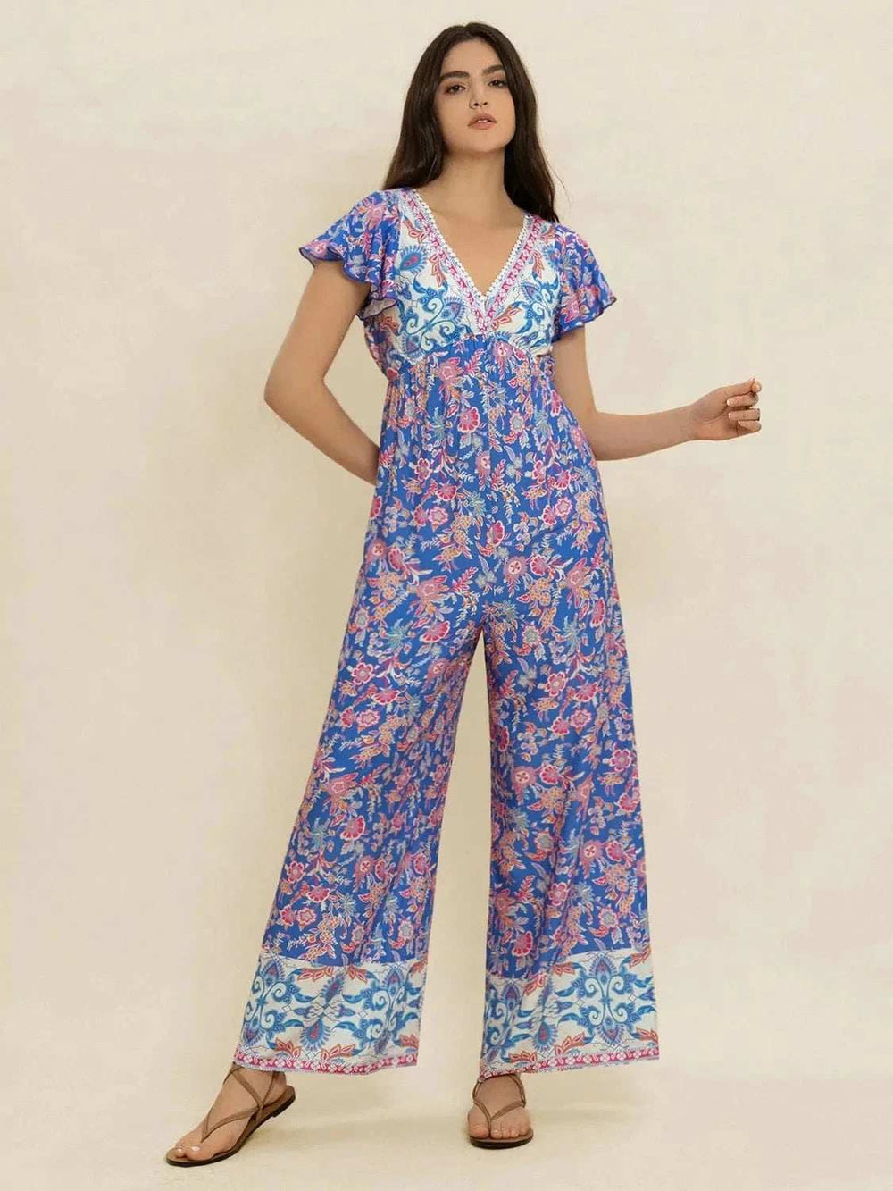 Printed V-Neck Wide Leg Jumpsuit - Trendsi - Flyclothing LLC