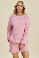 Double Take Full Size Texture Round Neck Long Sleeve Top and Shorts Set - Trendsi - Flyclothing LLC