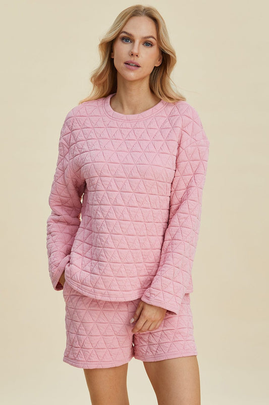 Double Take Full Size Texture Round Neck Long Sleeve Top and Shorts Set - Trendsi