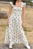 Bow Print Smocked Square Neck Ruffle Tiered Maxi Dress - Trendsi